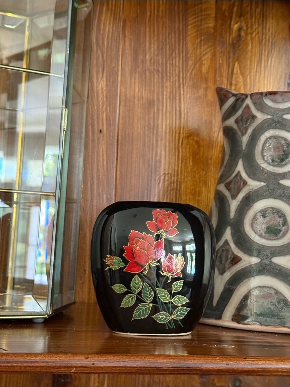 Vintage Japan Black Floral Ceramic Vase with Red Rose Motif - Home Accents